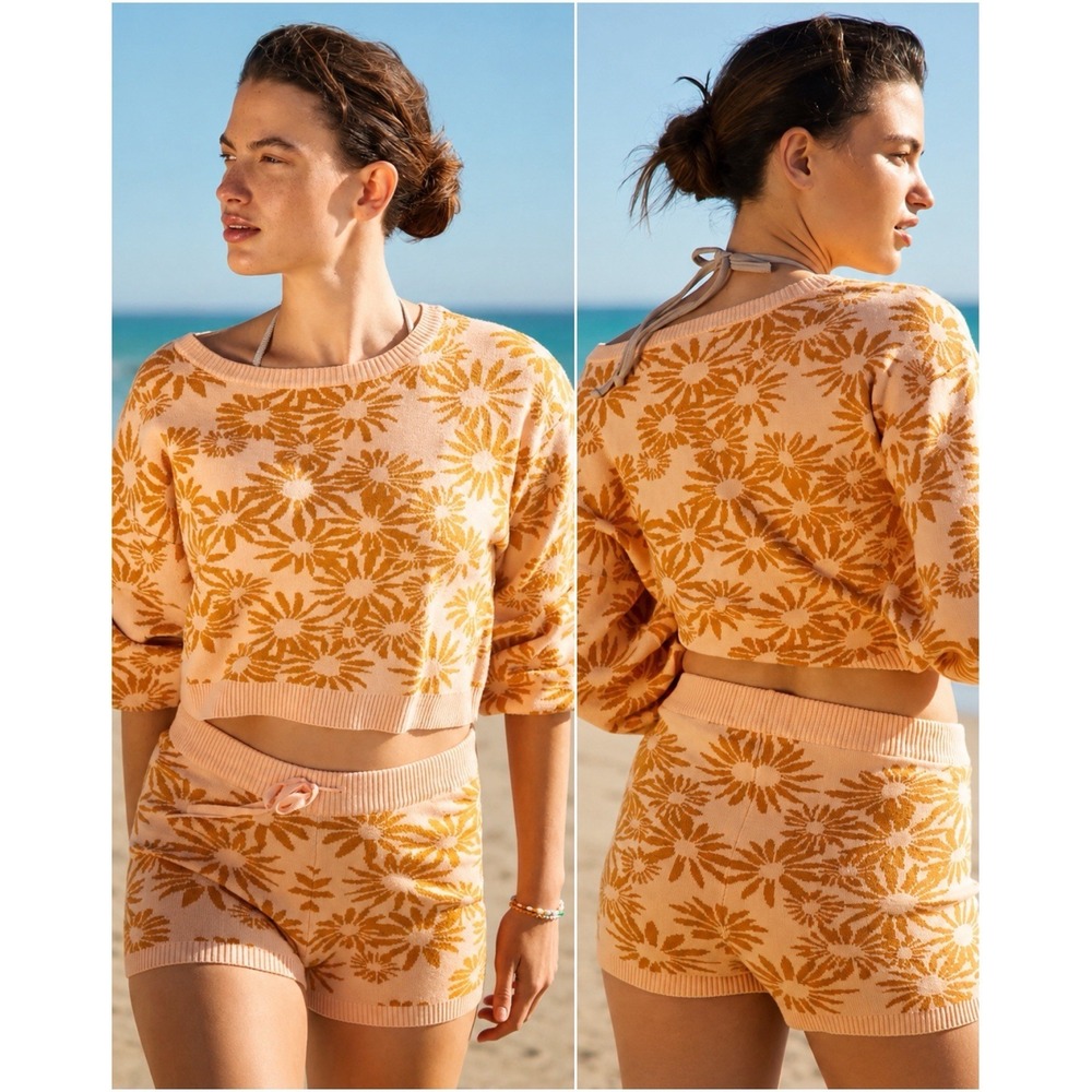L*Space Plumeria Knit Lounge Set Women's S Floral Top Shorts Resort Beach